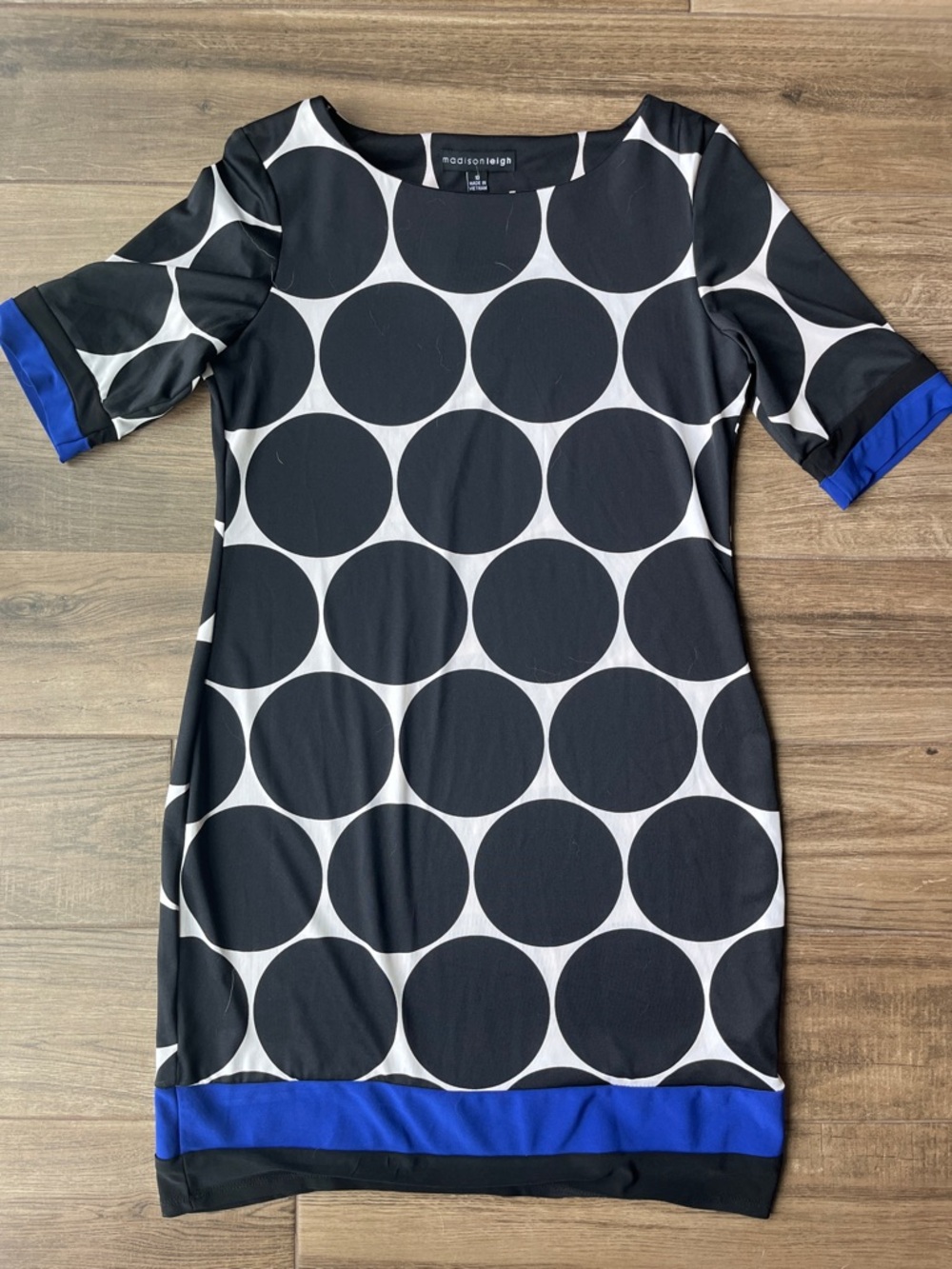 madison leigh Black & White Polka Dot Midi Dress with Blue Trim